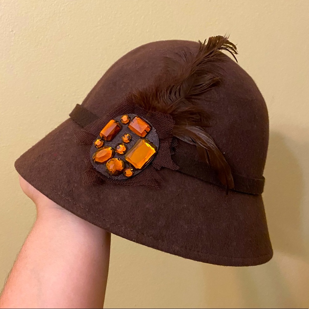 Brown Felt hat with faux feather